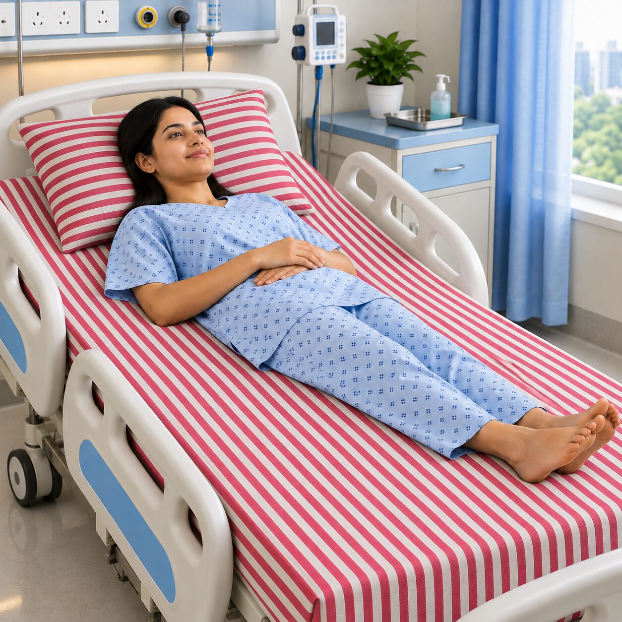 Serene Patient on Striped Hospital Linens